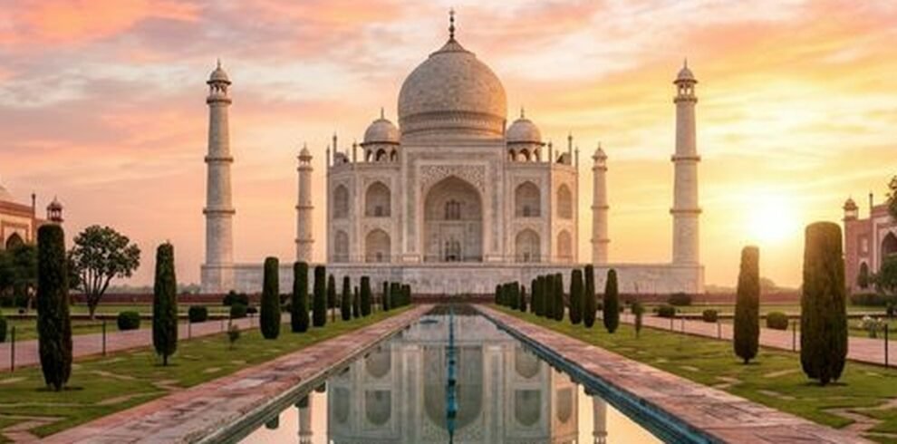 Majestic white marble Taj Mahal at sunrise reflecting in the pool in Agra