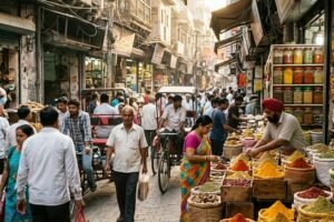 Bustling Chandni Chowk street and colorful spice markets in Old Delhi