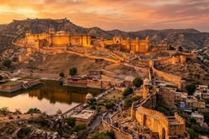 Stunning Amber Fort in Jaipur glowing in the golden hour sunlight