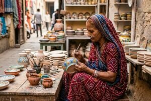Indian artisan hand-painting colorful intricate ceramics in Jaipur