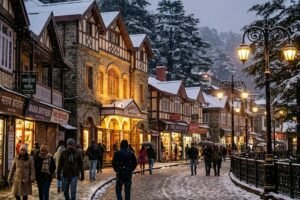 Street photography of the historic Mall Road in Shimla with gentle snowfall