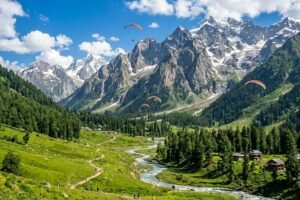 Striking Solang Valley near Manali with lush green meadows and rocky mountains