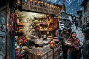 Cozy steaming Himachali food stall in the cold mountain air