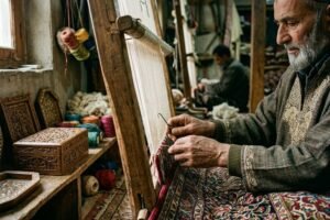 Close-up of traditional Kashmiri handcrafted wooden souvenirs and artisan work