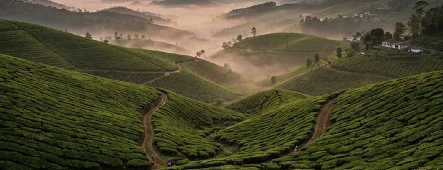 Lush green tea plantations in Munnar Kerala at sunrise