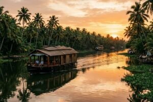 Traditional wooden houseboat on the serene backwaters of Alleppey