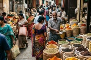Vibrant colorful spices in a traditional street market in Fort Kochi