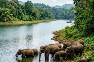 Wild elephants drinking water at Periyar Lake in Thekkady Kerala
