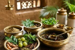 Traditional fresh Ayurvedic herbs and oils in Kerala